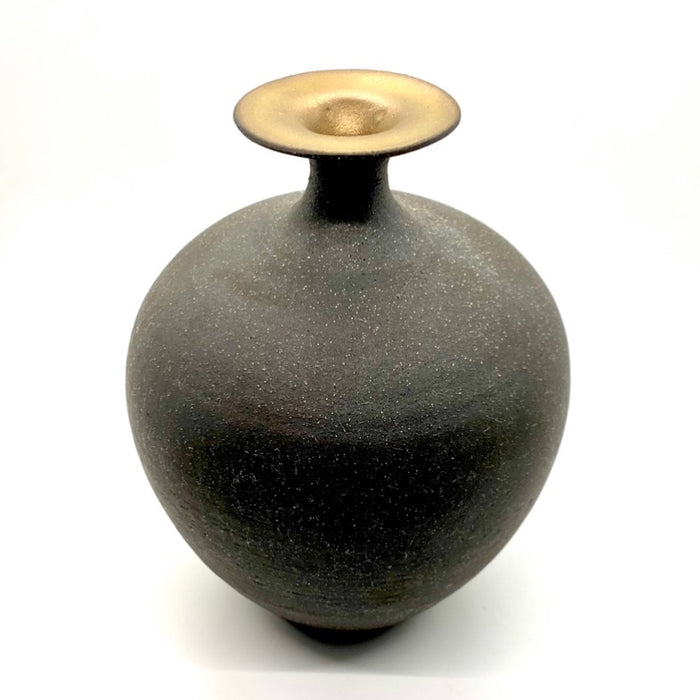 One Off Vessel in Raw Black Clay with Gold Glazed Mouth